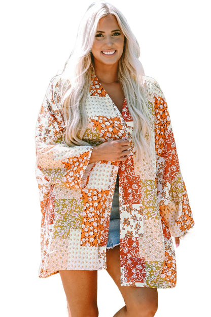 Boho Patchwork Floral Open Front Kimono | White