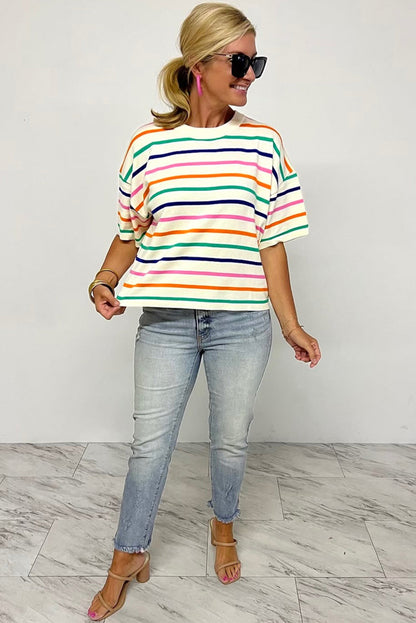 Dropped Short Sleeve Boxy Fit Knitted Top | Beige Stripe