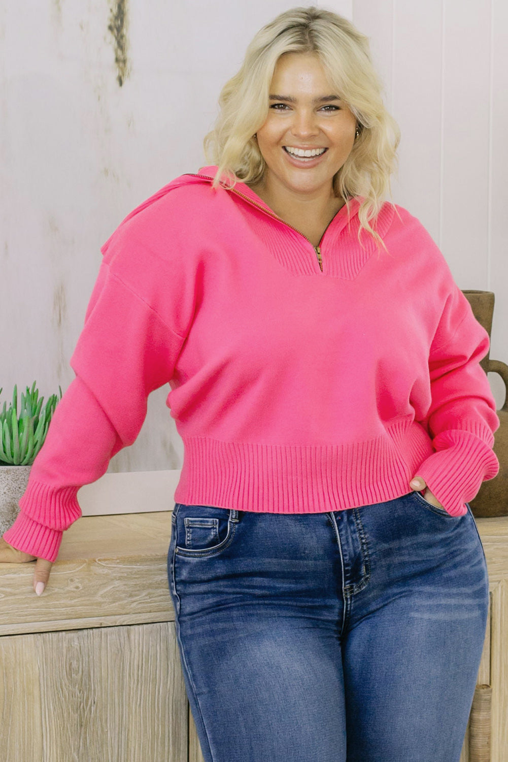 Solid Ribbed Trim Plus Size Zip Collar Sweater | Rose