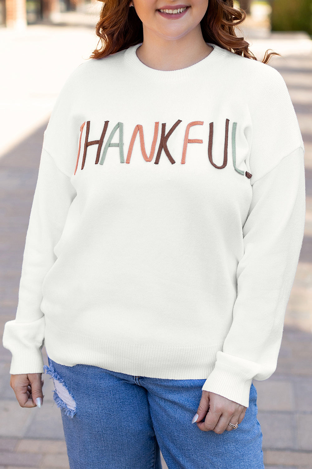 Plus Size Thankful Ivory Embroidered Sweater | White