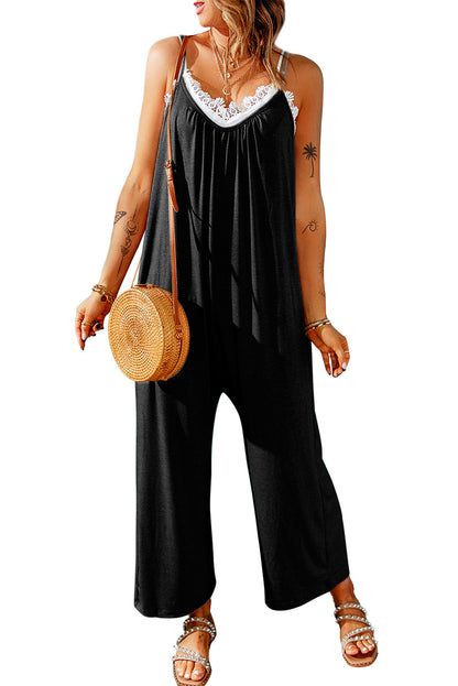 Spaghetti Straps Wide Leg Pocketed Jumpsuits | Black