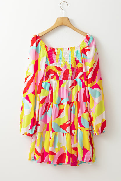 Abstract Print Puff Sleeve Smocked Square Neck Dress | Multicolour