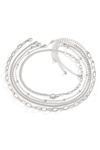 5Pcs Layered Rhinestone Plated Chain Collarbone Necklaces Set | Silvery