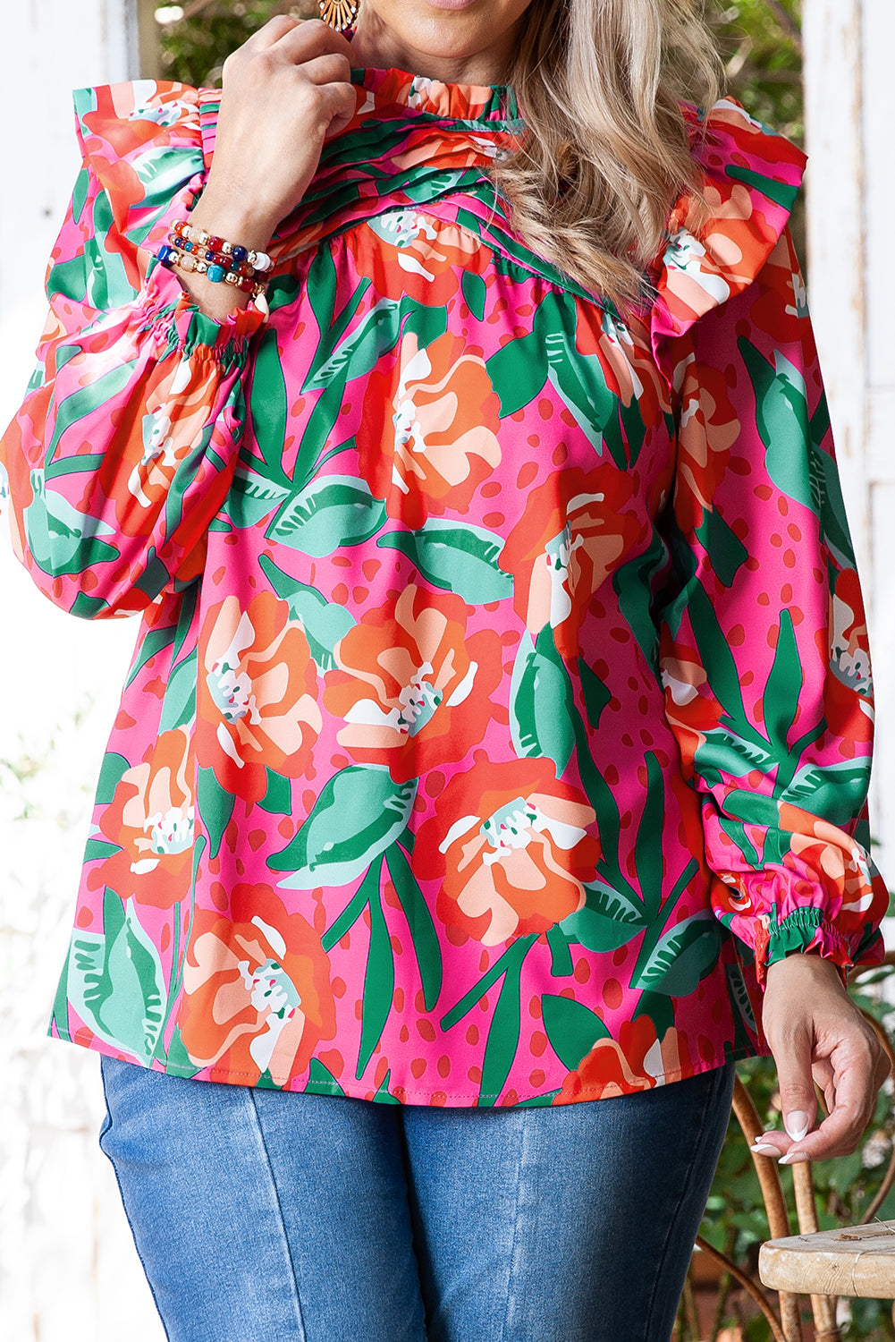 Floral Print Pleated Ruffled O Neck Plus Size Blouse | Rose