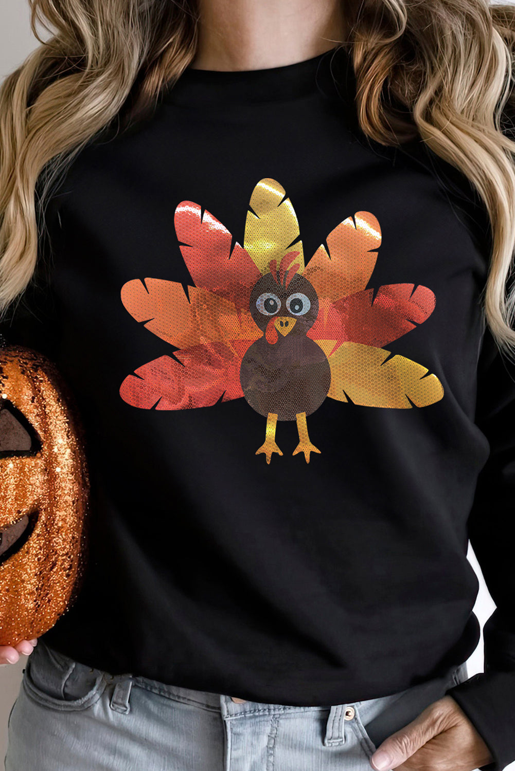 Leafy Turkey Graphic Crewneck Thanksgiving Sweatshirt | Black