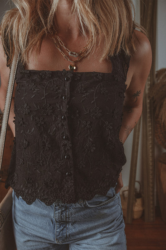 Black Floral Embroidered Buttoned Square Neck Tank Top