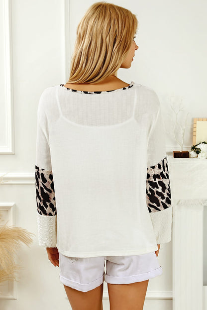 Leopard Patch Puff Sleeve Textured Blouse | White