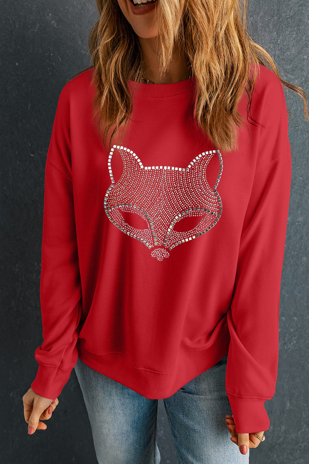 Rhinestone Fox Drop Shoulder Pullover Sweatshirt | Red