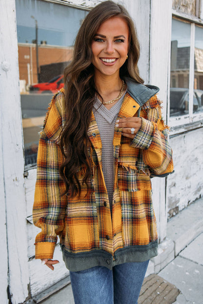 Plaid Patch Hooded Frayed Snap Button Jacket | Orange