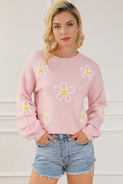 Chenille Daisy Stitching Crew Neck Sweater | Pink