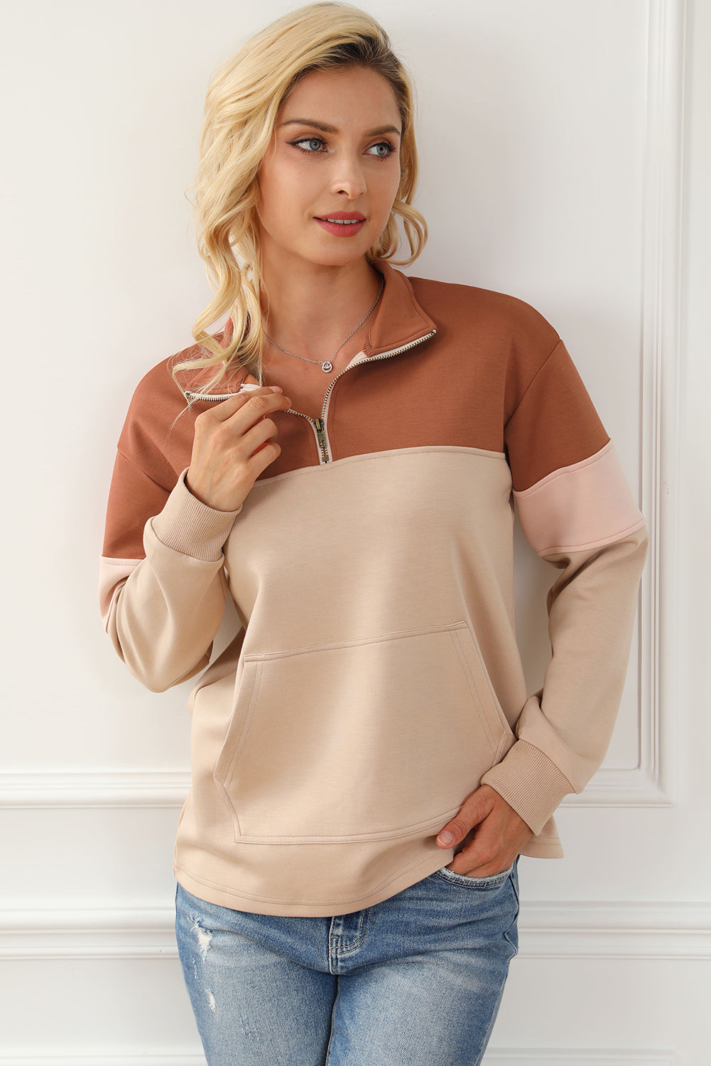 Colour Block Zip Mock Neck Pocketed Sweatshirt | Khaki