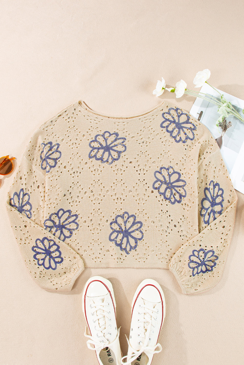 Contrast Flower Print Eyelet Drop Shoulder Sweater | Beige