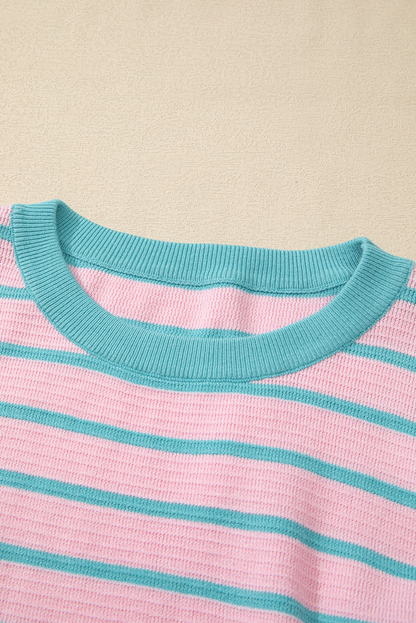 Trimmed Round Neck Drop Shoulder Loose Sweater | Pink Stripe