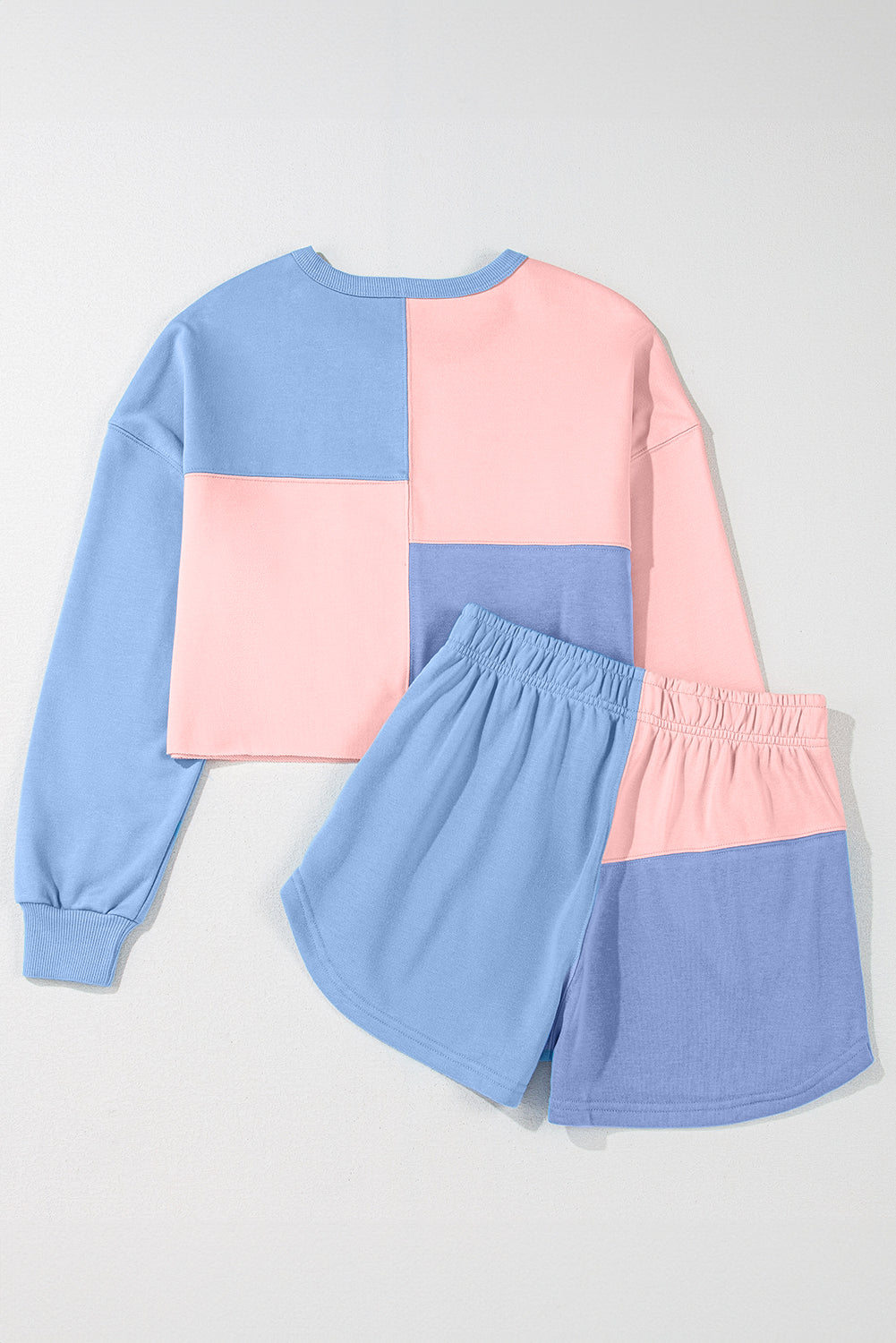 Colourblock Patchwork Long Sleeve Shorts Outfit | Sky Blue