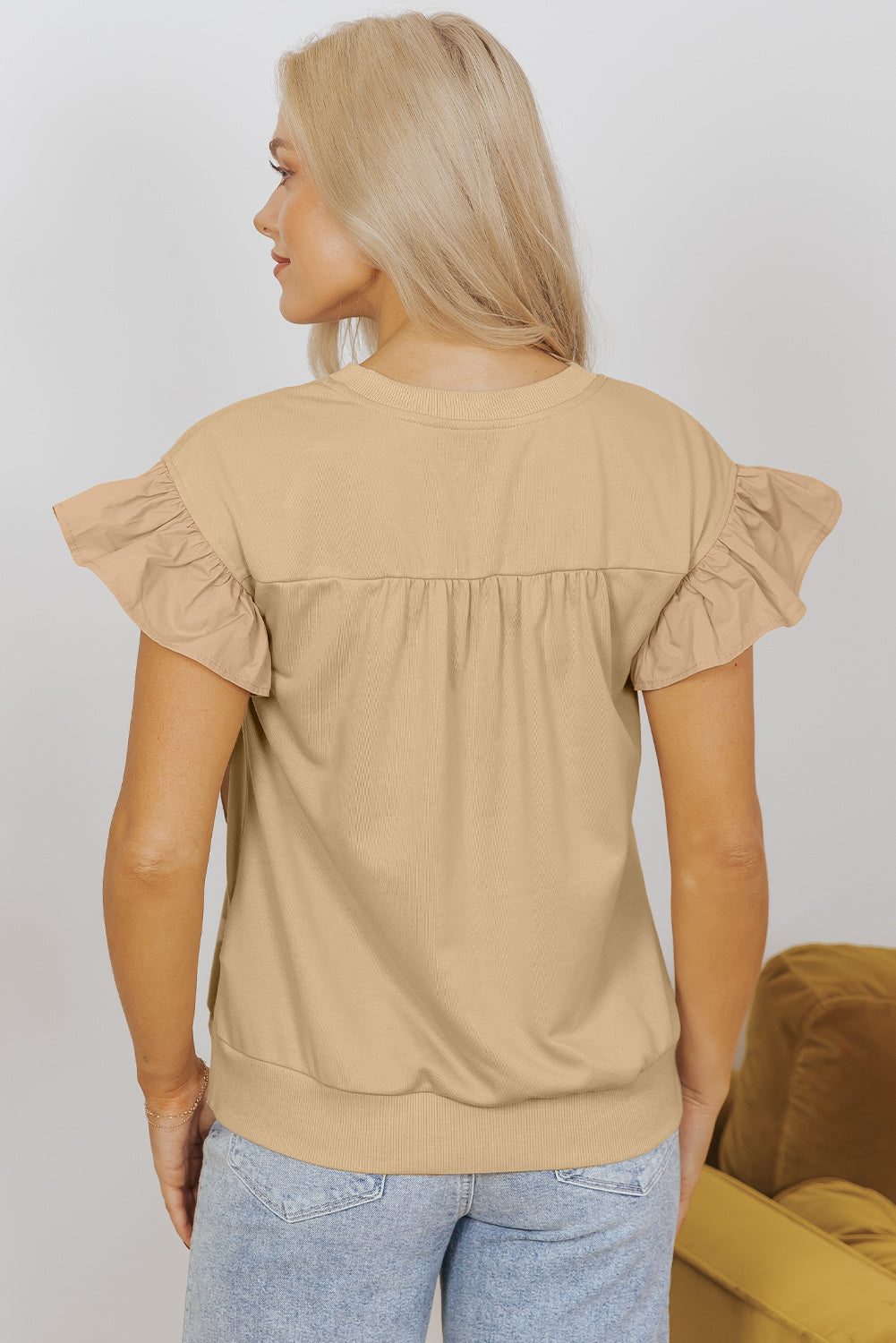 Two Tones Ribbon Bow Ruffle Sleeve Top | Parchment