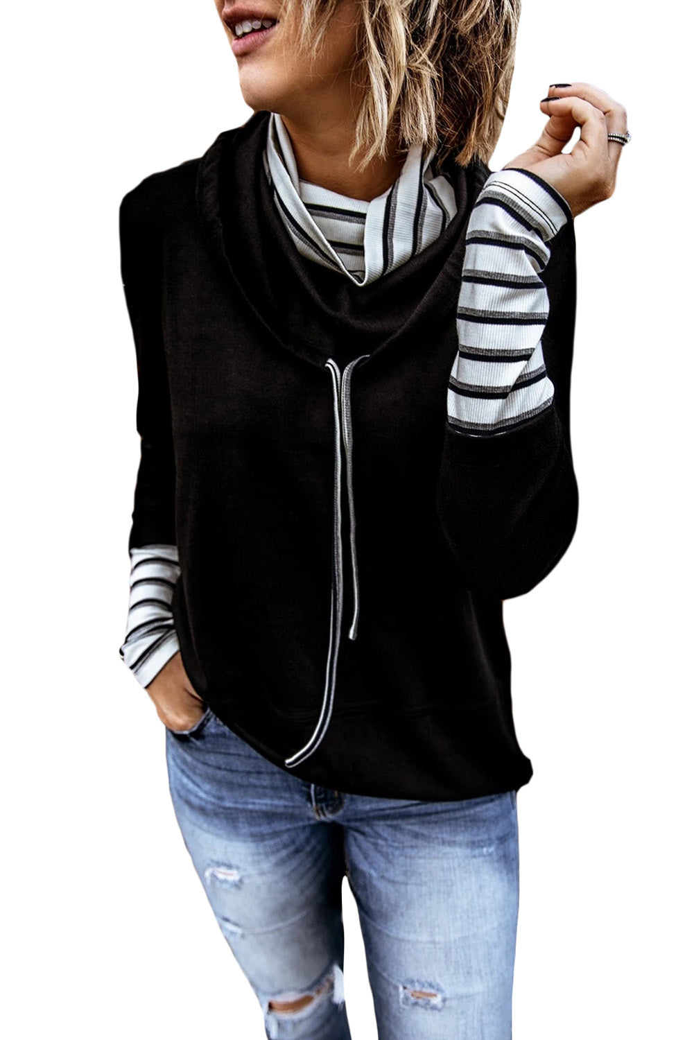 Striped Splicing High Neck Sweatshirt | Black