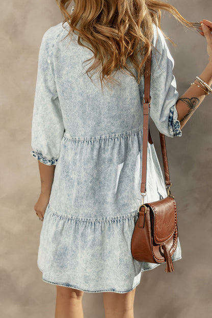 Acid Wash Retro Half Sleeve Flared Denim Dress | Dusk Blue