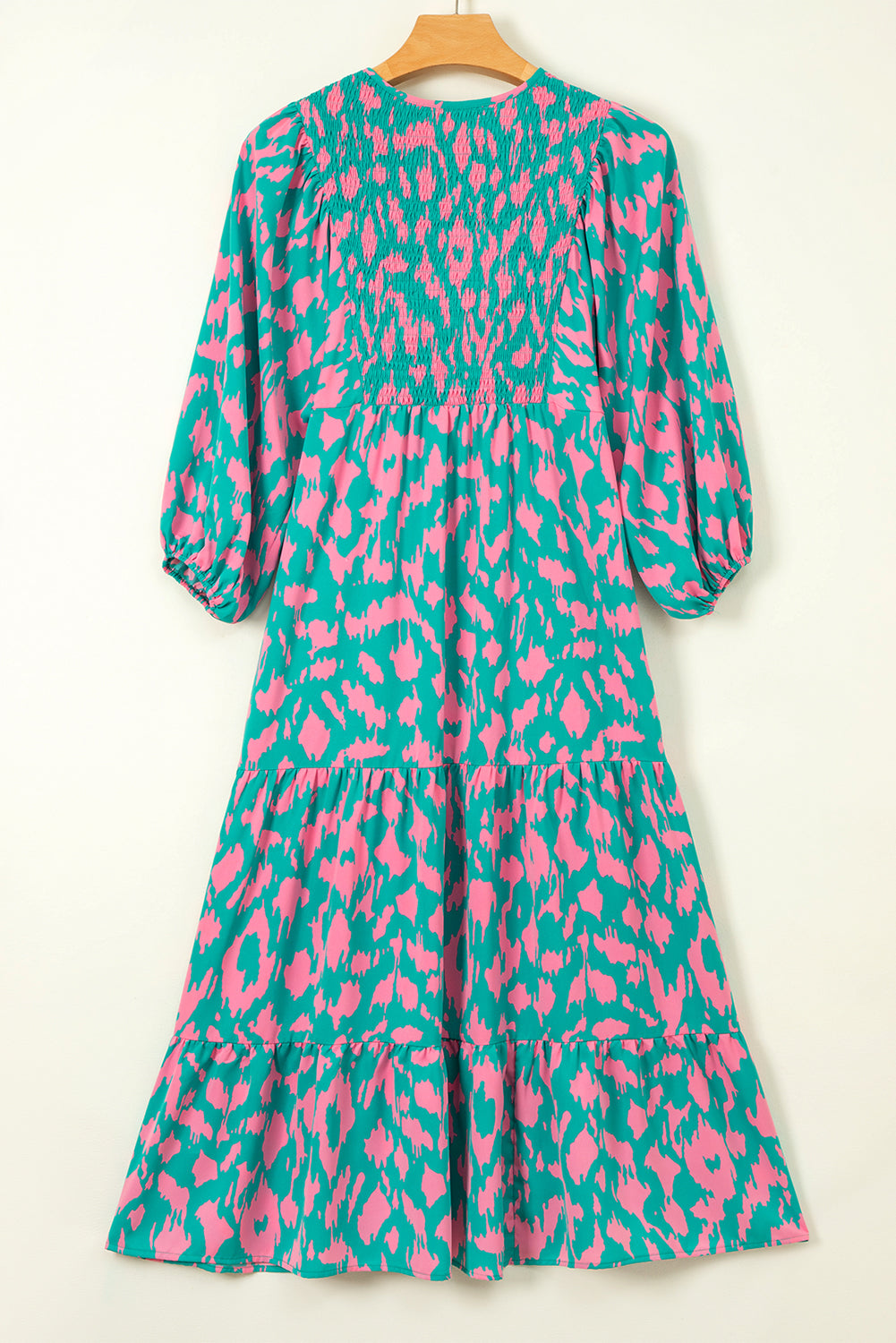 Abstract Print Puff Sleeve Tied Notched Neck Long Dress | Green