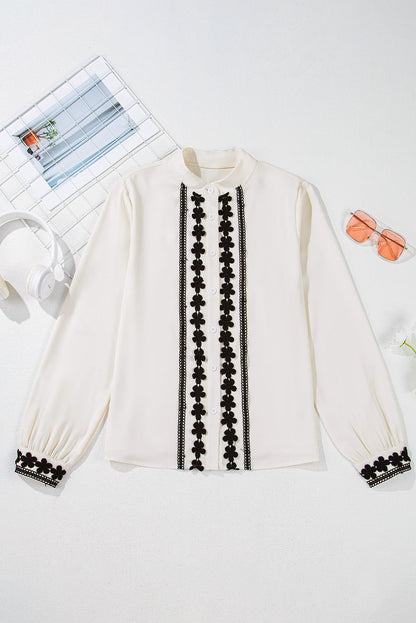 Floral Embroidered Stand Neck Buttoned Shirt | Beige