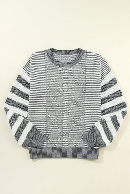 Geometric Textured Drop Shoulder Sweater | Gray Stripe