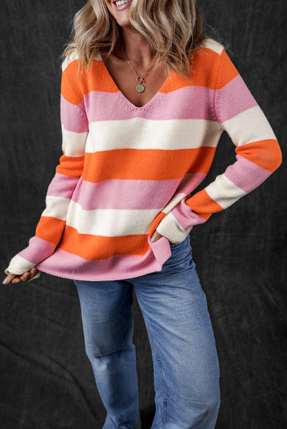 Colourblock V Neck Casual Sweater | Orange Stripe