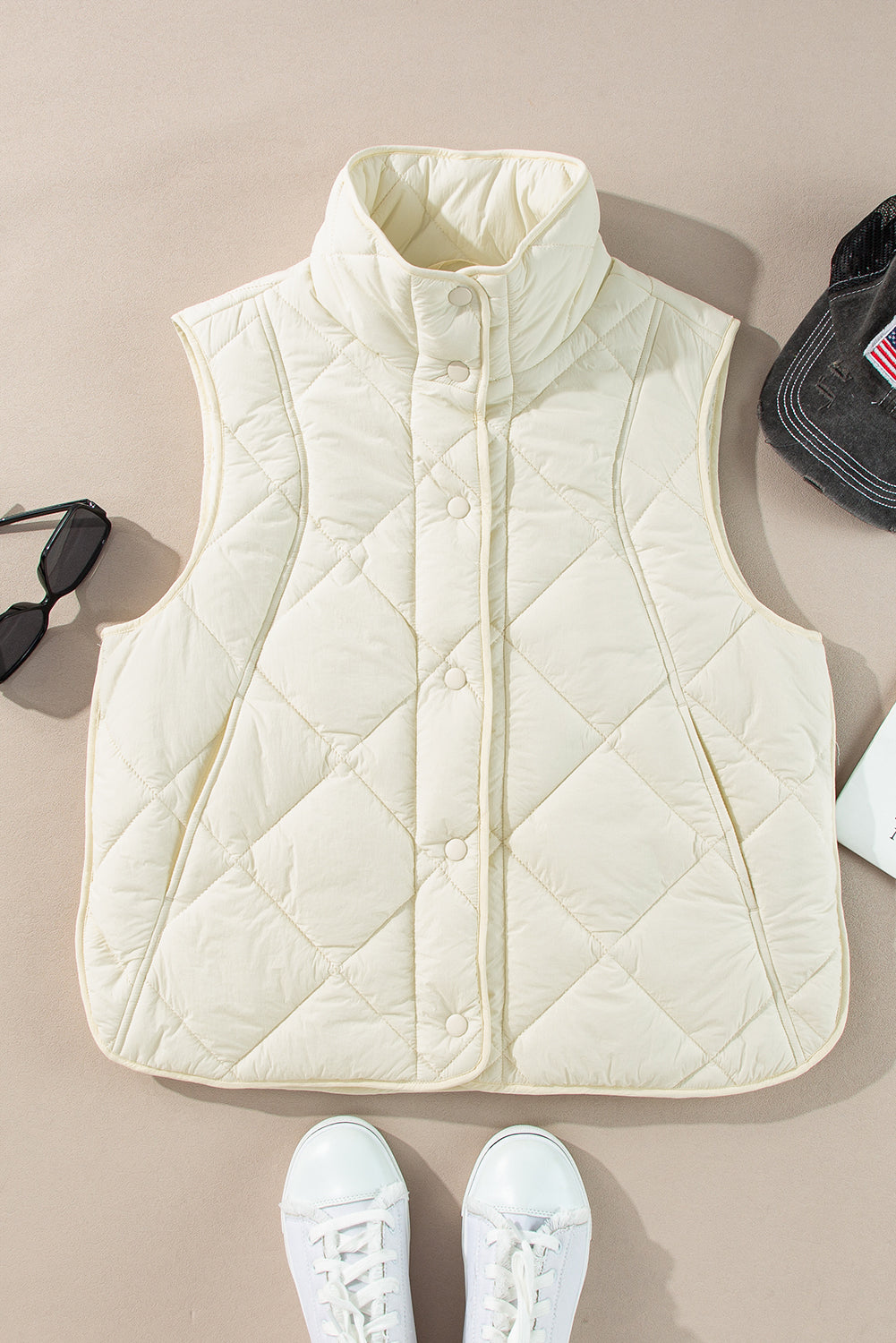 Quilted High Neck Button Up Pocket Vest Coat | Beige