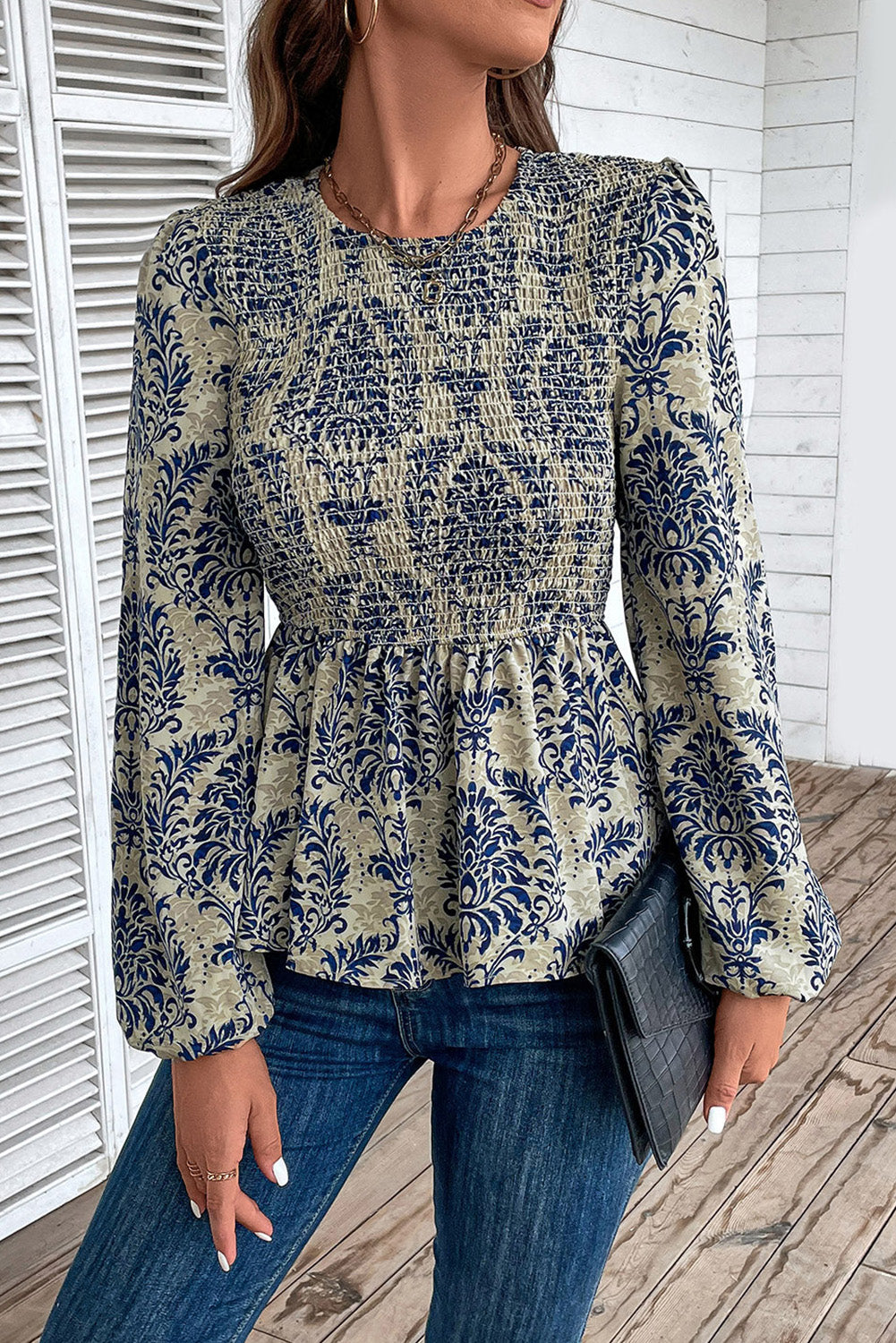 Boho Printed Balloon Sleeve Smocked Peplum Blouse | Sky Blue