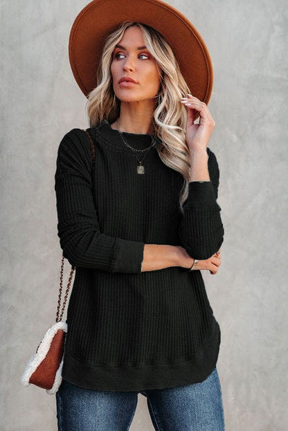 Crew Neck Ribbed Trim Waffle Knit Top | Black