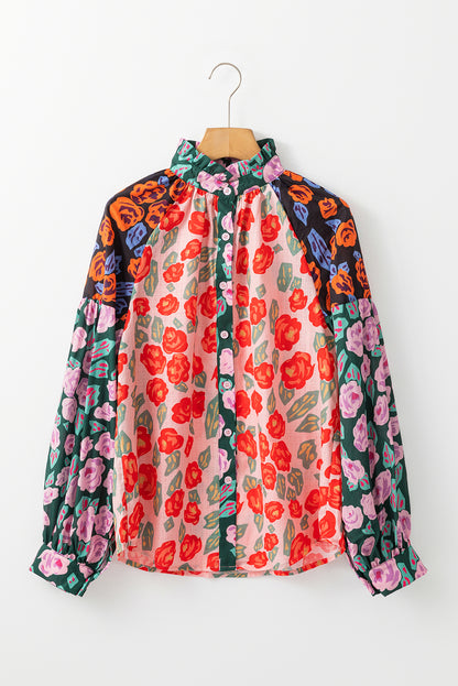 Colourblock Floral Printed Puff Sleeve Shirt | Red