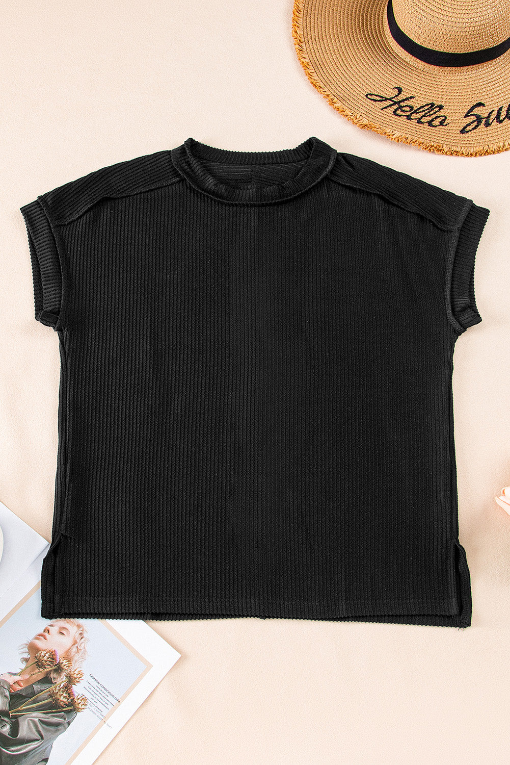 Textured Knit Exposed Stitching T-Shirt | Black