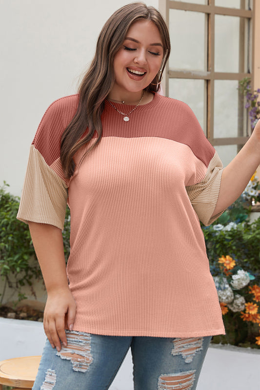 Rose Pink Plus Size Ribbed Colorblock T-shirt