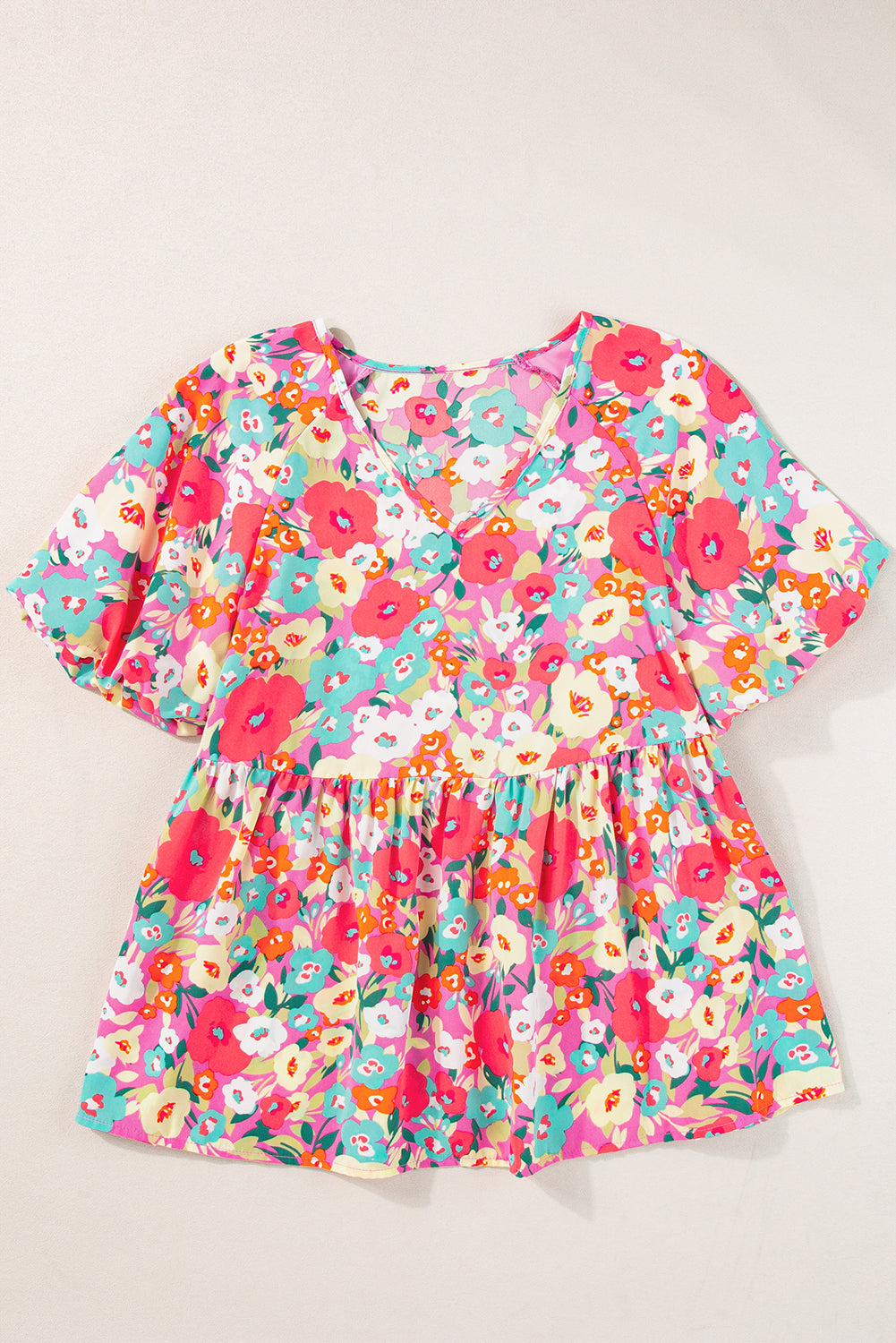 Boho Floral Short Puff Sleeve Babydoll Blouse | Multicolour