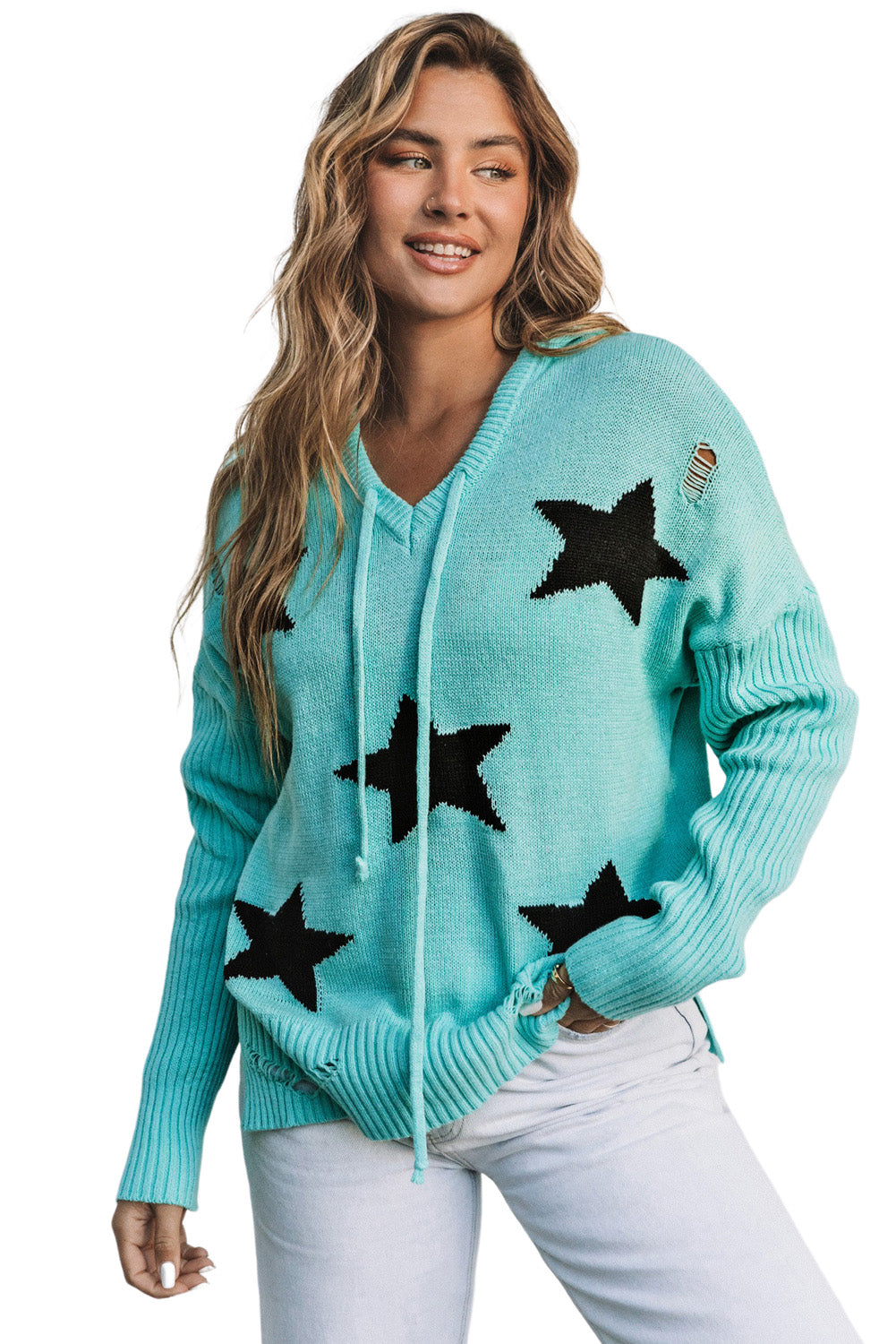 V Neck Star Pattern Hooded Sweater With Slits | Green