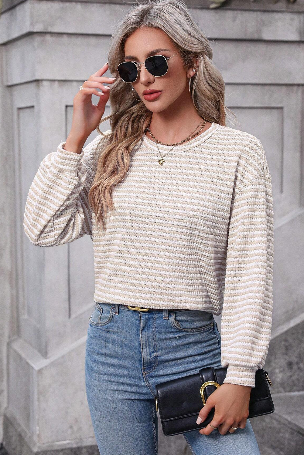 Round Neck Drop Shoulder Long Sleeve Top | Khaki Stripe