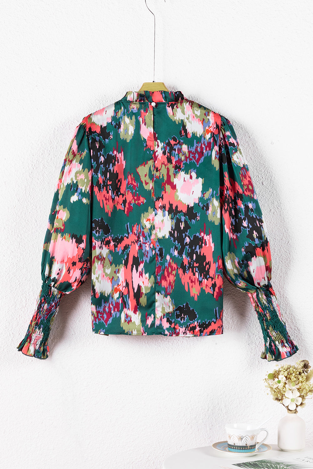 Abstract Print Smocked Cuffs Frilled Neck Blouse | Green