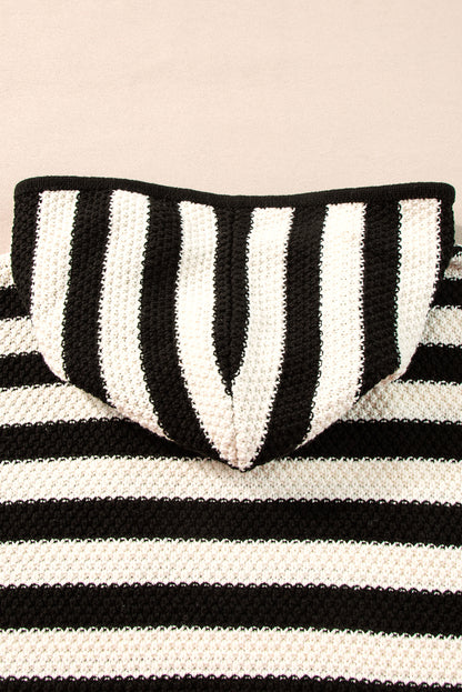 V Neck Pocketed Drawstring Hooded Sweater | White Stripe