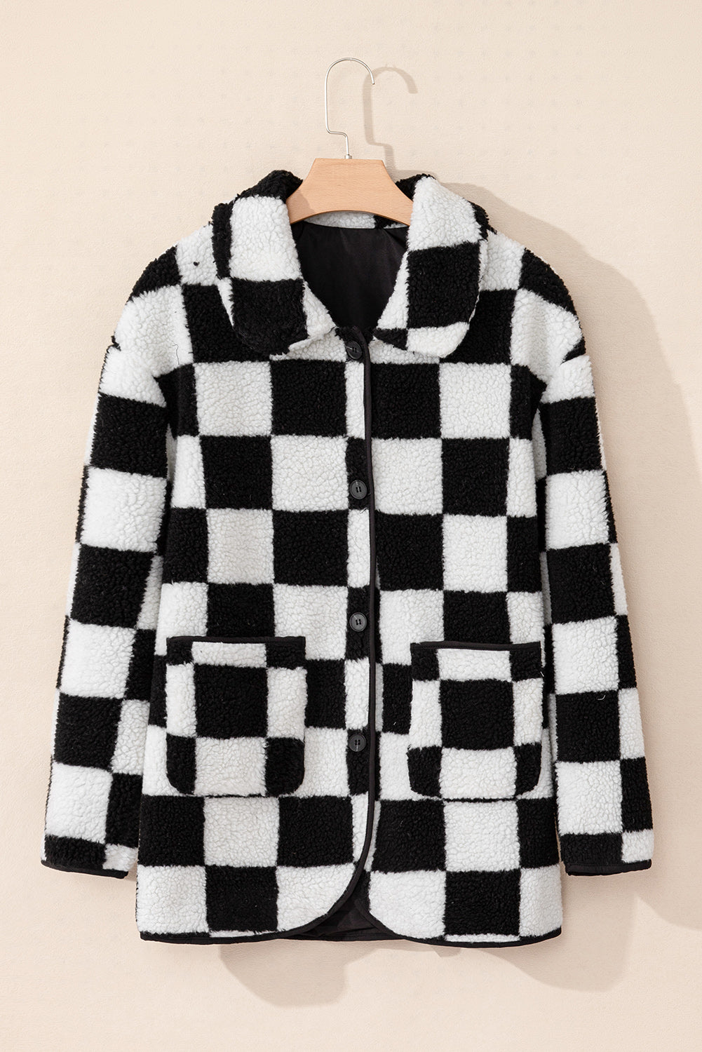 Checkered Side Pockets Collared Buttoned Fleece Jacket | Black