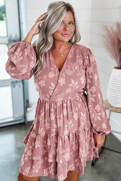 Floral Surplice V Neck Tiered Ruffled Plus Size Dress | Peach Blossom