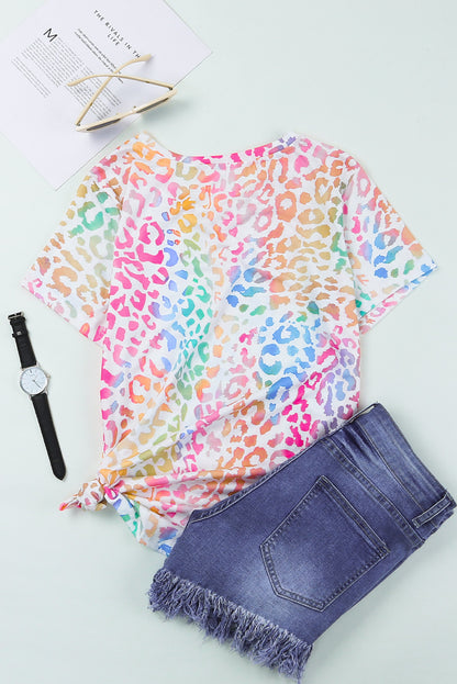 Colourful  V Neck Short Sleeve Top | Leopard