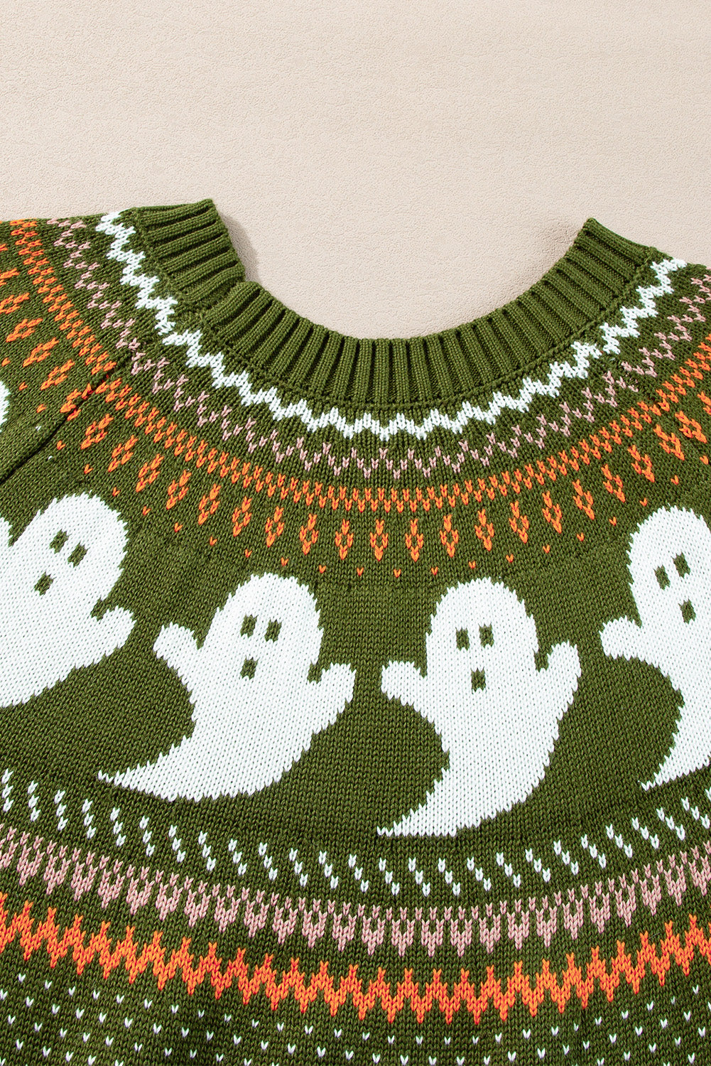 Halloween Ghost Pattern Drop Shoulder Sweater | Jungle Green