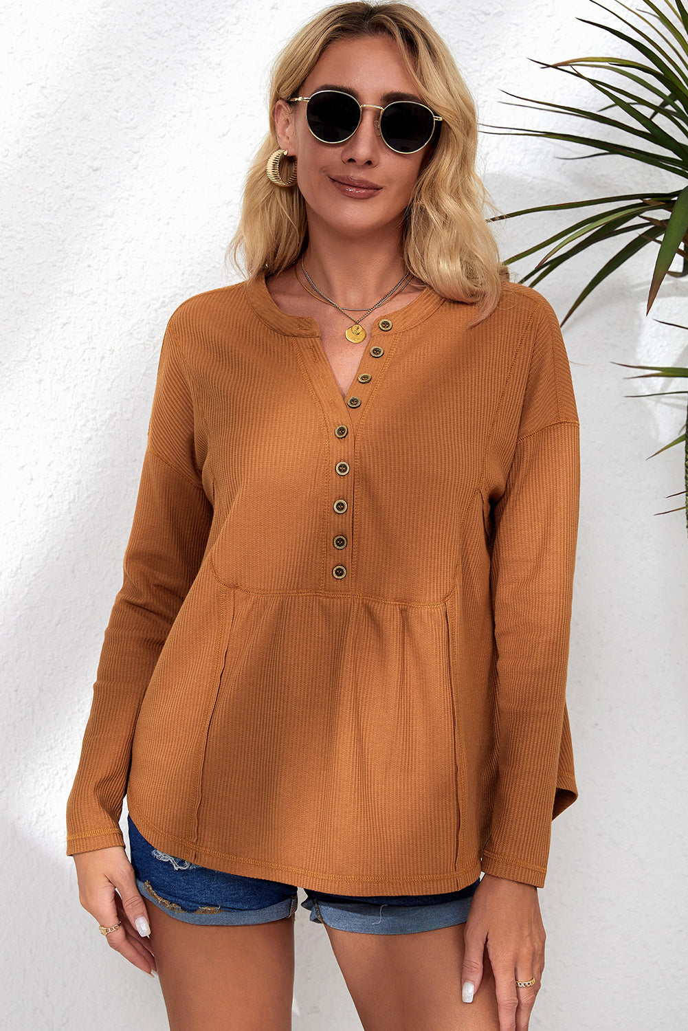 Waffle Knit Half Button Henley Top | Brown