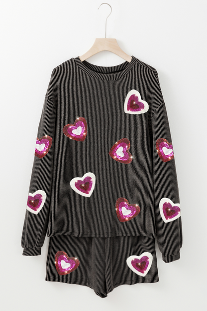 Valentine Sequin Heart Corded Pullover And Shorts Set | Carbon Grey