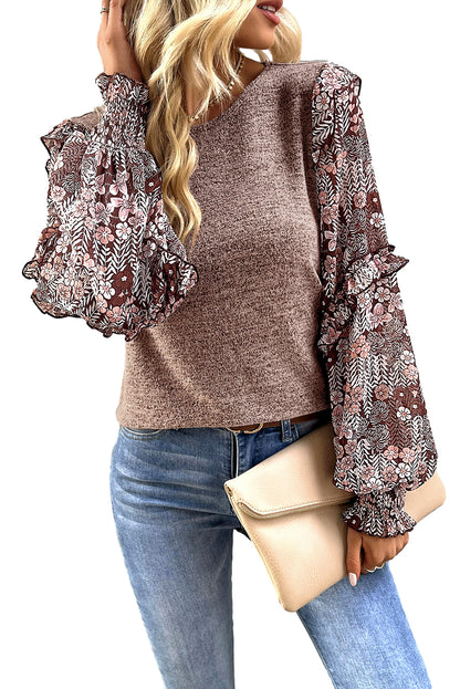 Ruffle Tiered Floral Sleeve Crew Neck Blouse | Pale Chestnut