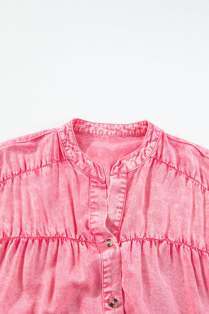 Ruffled Short Sleeve Buttoned Denim Mini Dress | Pink