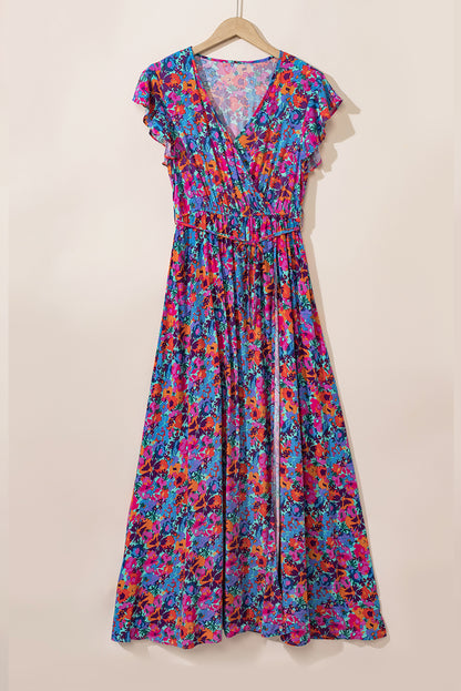 Floral Print V Neck Wrap Split Maxi Dress | Blue