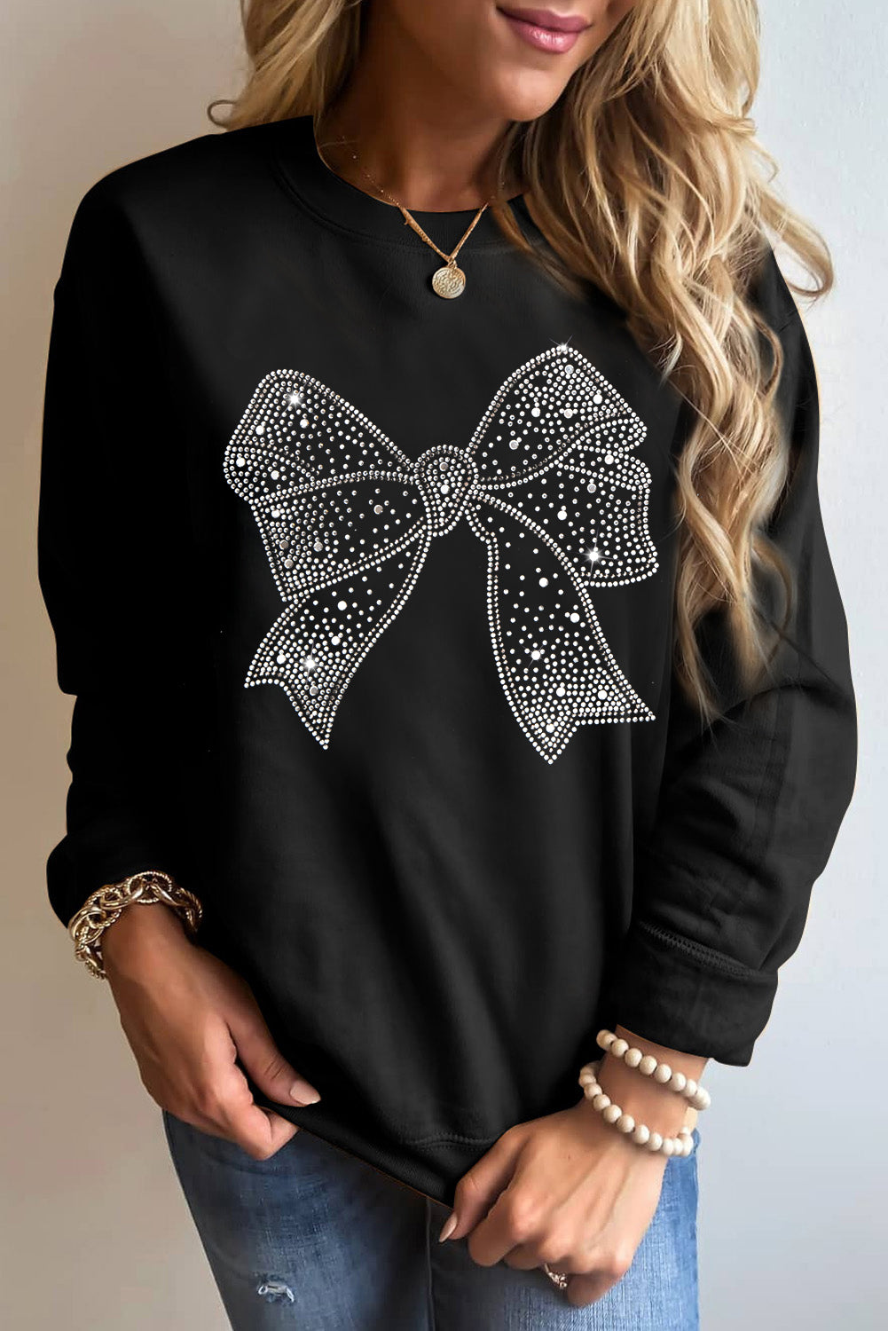 Black Rhinestone Bowknot Graphic Crewneck Pullover Sweatshirt