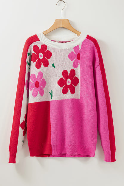 Floral Mixed Colour Block Sweater | Rose Red