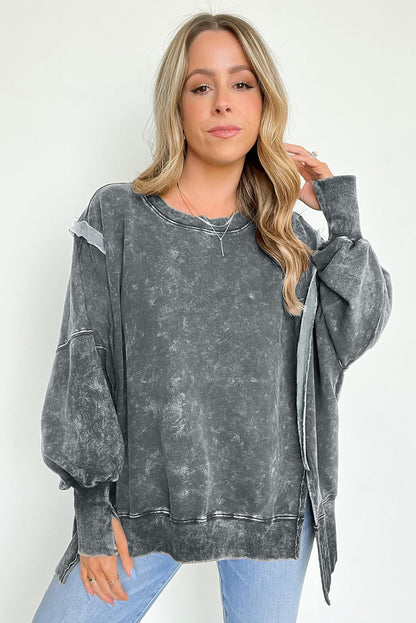 Acid Wash Relaxed Fit Seamed Pullover Sweatshirt With Slits | Gray