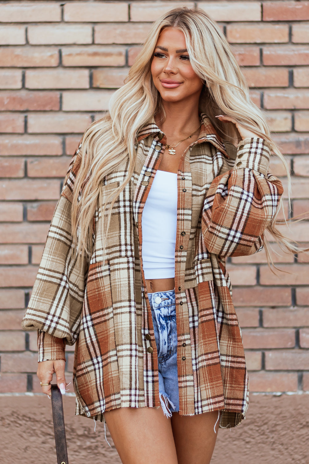 Khaki Plaid Colorblock Patchwork High Low Shacket