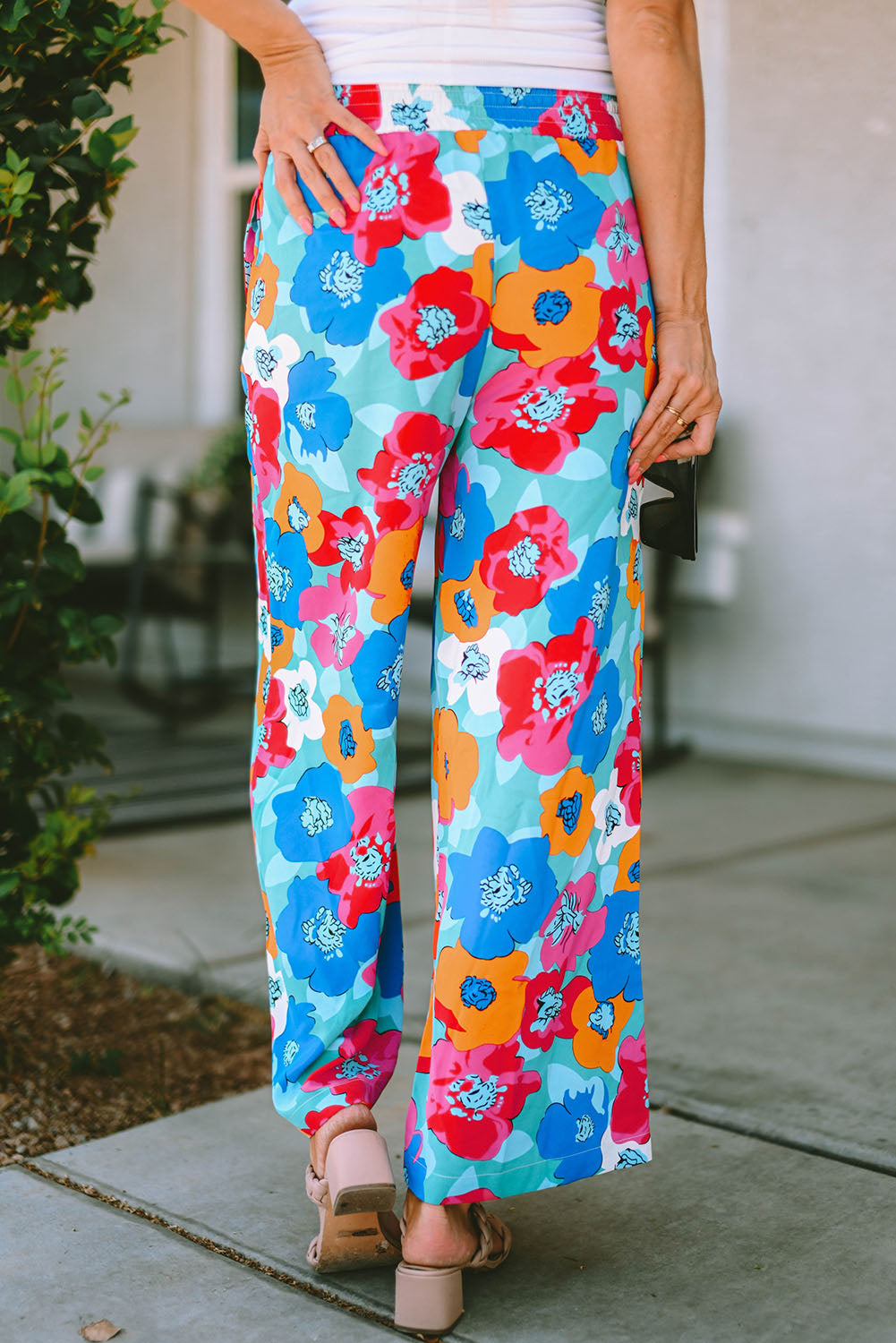 Abstract Floral Print Drawstring Wide Waistband Pants | Multicolour